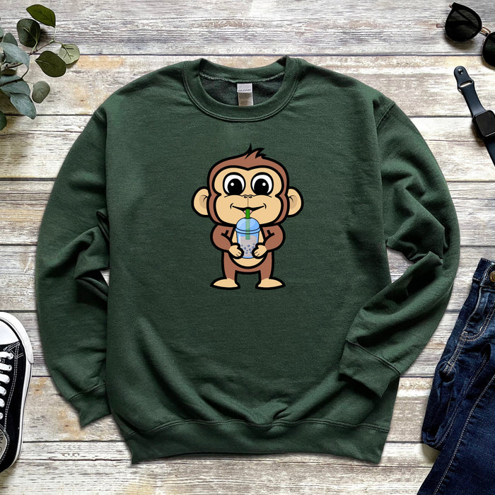 Boba Tea Monkey Unisex Sweatshirt -- Kids & Adult Sizes, Kawaii Comfy Clothing, Cute dinosaur, japanese streetwear gift