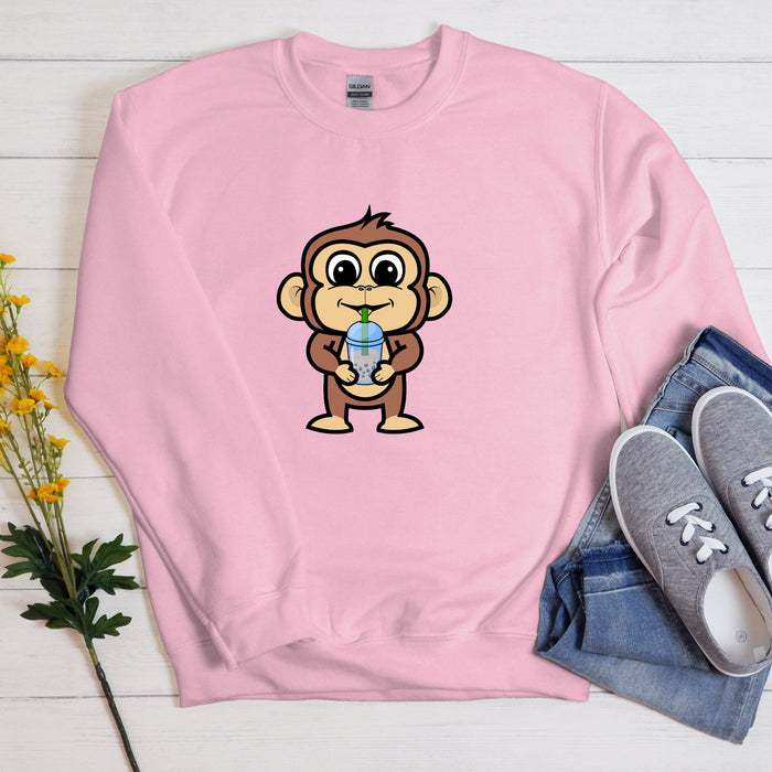 Boba Tea Monkey Unisex Sweatshirt -- Kids & Adult Sizes, Kawaii Comfy Clothing, Cute dinosaur, japanese streetwear gift