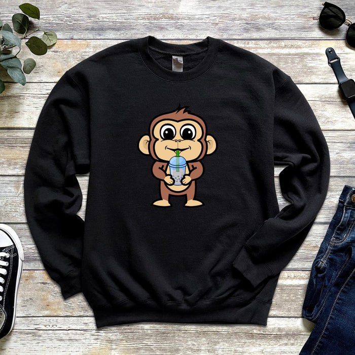 Boba Tea Monkey Unisex Sweatshirt -- Kids & Adult Sizes, Kawaii Comfy Clothing, Cute dinosaur, japanese streetwear gift