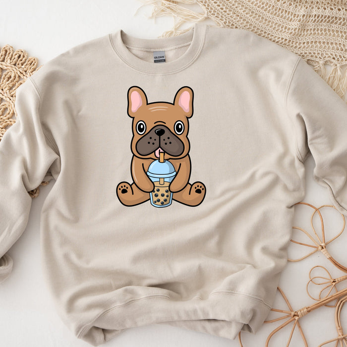 Brown Bulldog Drinking Boba Tea Unisex Sweatshirt