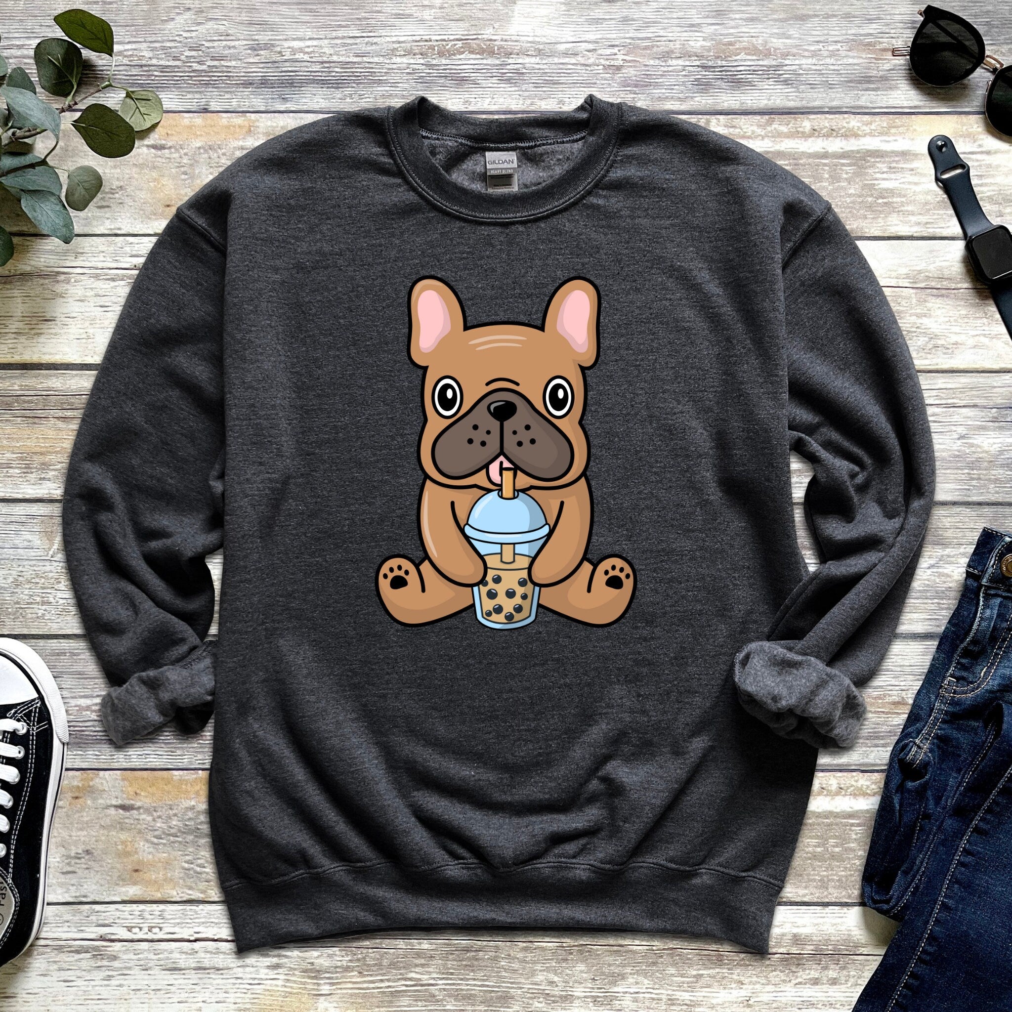 Brown Bulldog Drinking Boba Tea Unisex Sweatshirt