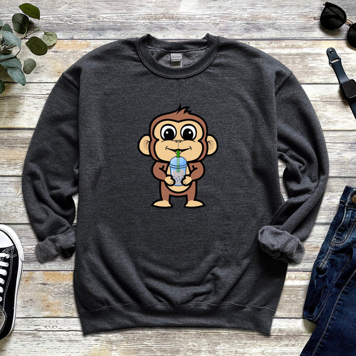 Boba Tea Monkey Unisex Sweatshirt -- Kids & Adult Sizes, Kawaii Comfy Clothing, Cute dinosaur, japanese streetwear gift