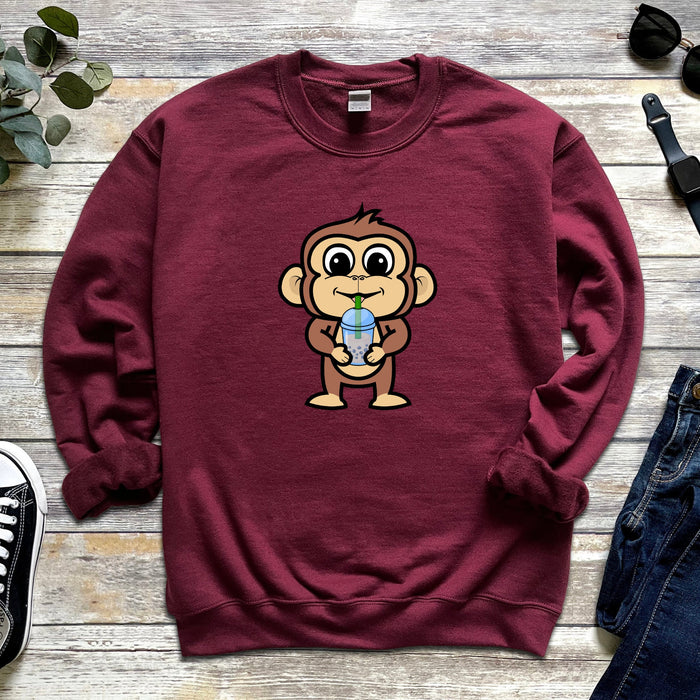 Boba Tea Monkey Unisex Sweatshirt -- Kids & Adult Sizes, Kawaii Comfy Clothing, Cute dinosaur, japanese streetwear gift