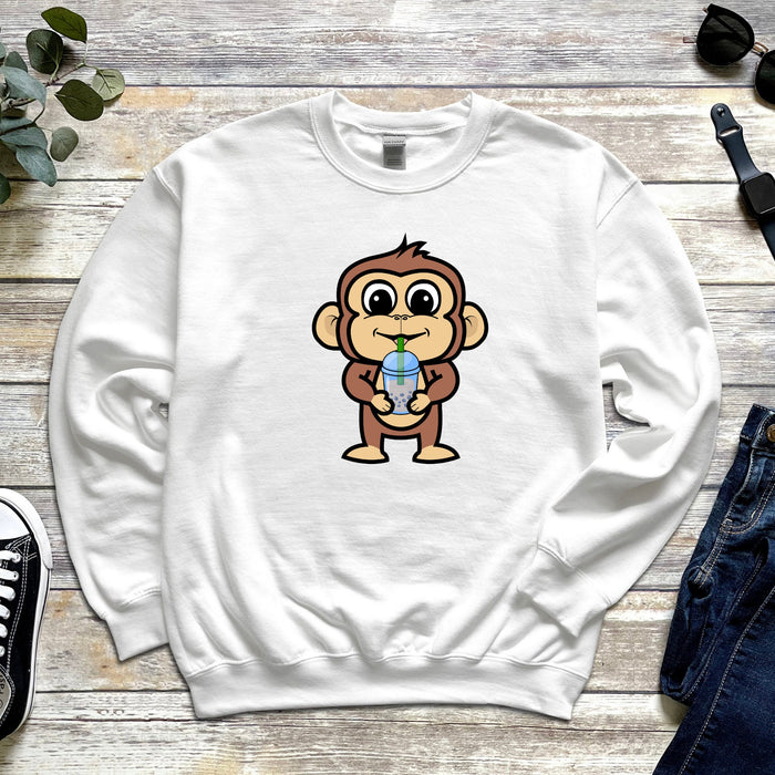 Boba Tea Monkey Unisex Sweatshirt -- Kids & Adult Sizes, Kawaii Comfy Clothing, Cute dinosaur, japanese streetwear gift