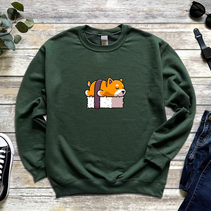 Shiba Inu Dog Sleeping on Bed of Sushi Unisex Sweatshirt | Japanese Streetwear Dog Lovers Corgi Dogecoin Puppy Napping Sashimi Funny Japan