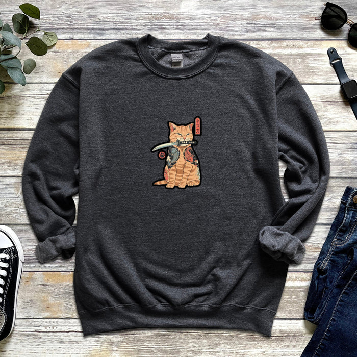 Traditional Japanese Samurai Cat Warrior Unisex Sweatshirt | Japanese Streetwear Supreme Dagger Kitten Cute Orange Cat Lovers Warrior Sword