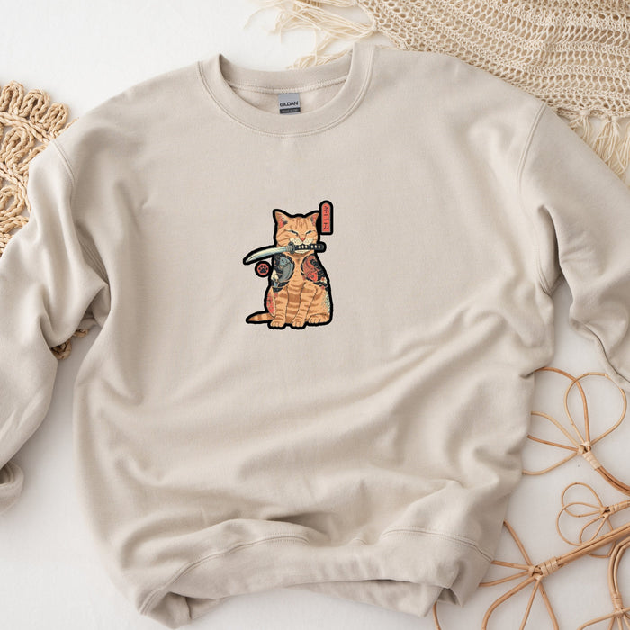 Traditional Japanese Samurai Cat Warrior Unisex Sweatshirt | Japanese Streetwear Supreme Dagger Kitten Cute Orange Cat Lovers Warrior Sword