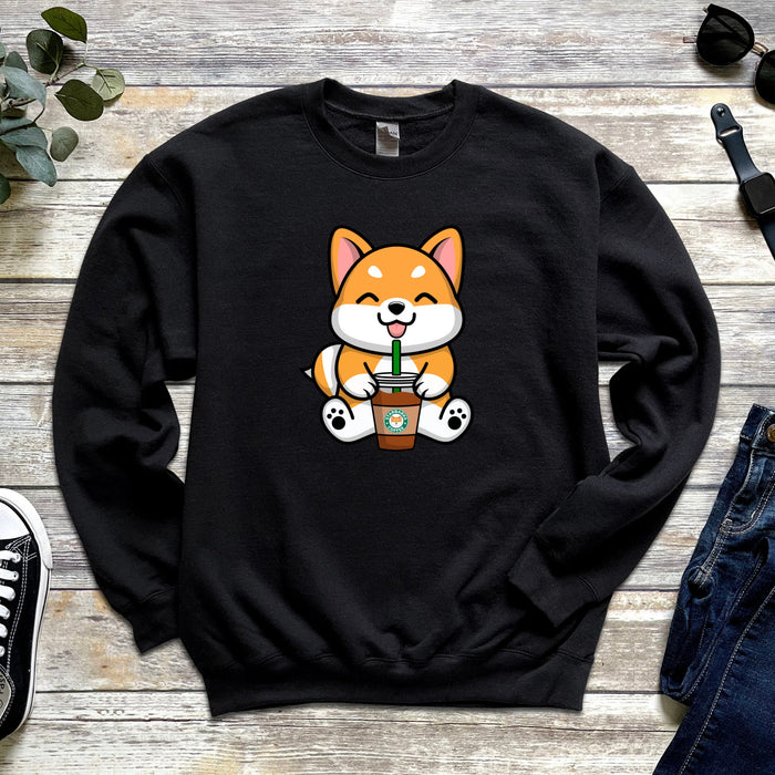 Corgi Drinking "StarBarks" Coffee Unisex Sweatshirt | Shiba Inu Starbucks Sipping Drink Coffee Addict Starbucks Cup Rainbow Unicorn Drink