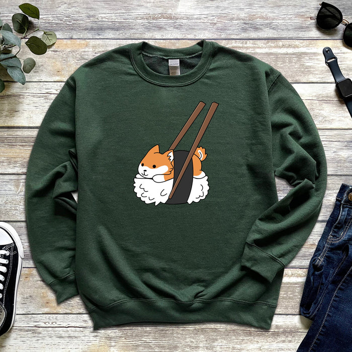 Sushi Shiba Inu Chopsticks Unisex Sweatshirt - Sushiba Corgi Japanese Food Sushi Sashimi Streetwear Orange White Dog Lover Sweatshirt Gift