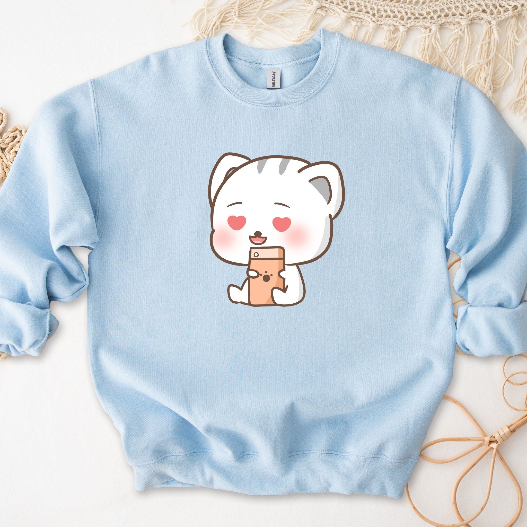 Kawaii Kitten Cat Texting Heart Eyes Love Unisex Sweatshirt