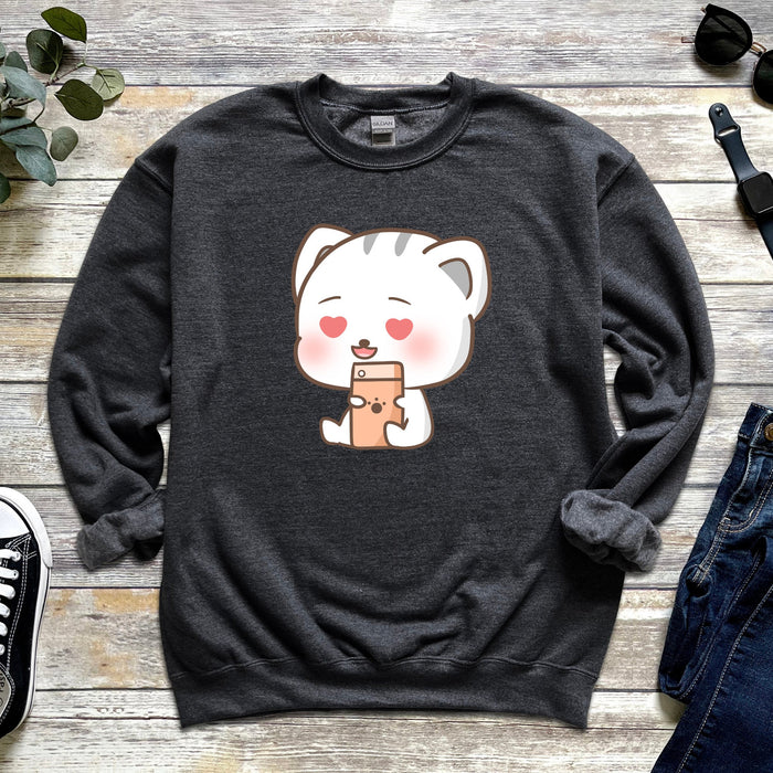 Kawaii Kitten Cat Texting Heart Eyes Love Unisex Sweatshirt