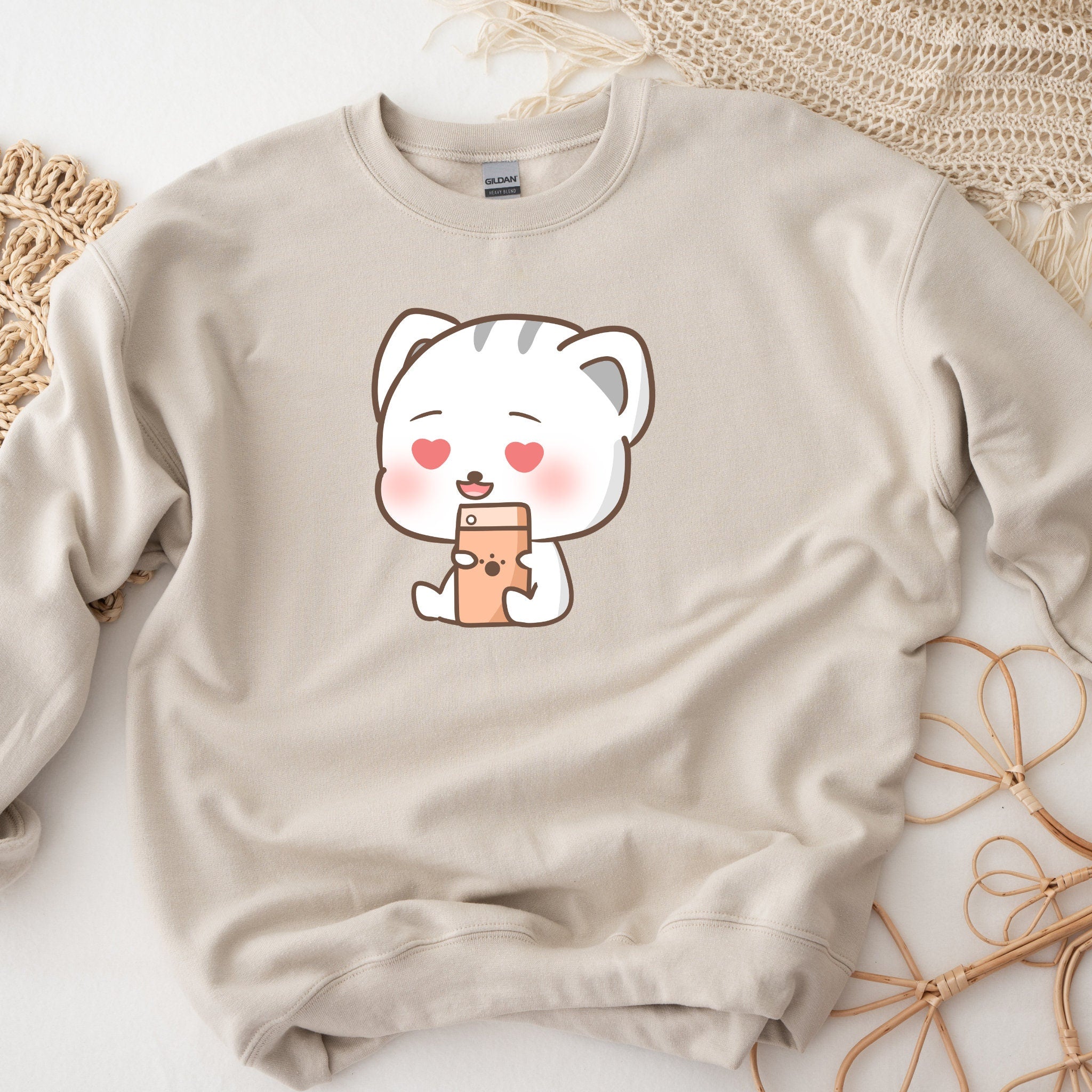 Kawaii Kitten Cat Texting Heart Eyes Love Unisex Sweatshirt