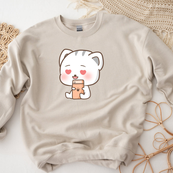 Kawaii Kitten Cat Texting Heart Eyes Love Unisex Sweatshirt