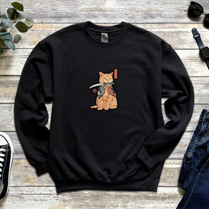 Traditional Japanese Samurai Cat Warrior Unisex Sweatshirt | Japanese Streetwear Supreme Dagger Kitten Cute Orange Cat Lovers Warrior Sword