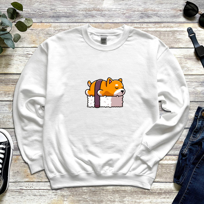 Shiba Inu Dog Sleeping on Bed of Sushi Unisex Sweatshirt | Japanese Streetwear Dog Lovers Corgi Dogecoin Puppy Napping Sashimi Funny Japan