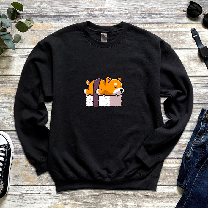 Shiba Inu Dog Sleeping on Bed of Sushi Unisex Sweatshirt | Japanese Streetwear Dog Lovers Corgi Dogecoin Puppy Napping Sashimi Funny Japan