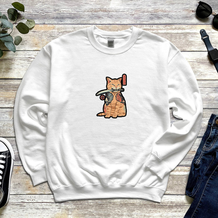 Traditional Japanese Samurai Cat Warrior Unisex Sweatshirt | Japanese Streetwear Supreme Dagger Kitten Cute Orange Cat Lovers Warrior Sword