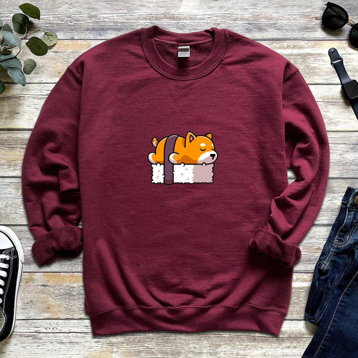 Shiba Inu Dog Sleeping on Bed of Sushi Unisex Sweatshirt | Japanese Streetwear Dog Lovers Corgi Dogecoin Puppy Napping Sashimi Funny Japan