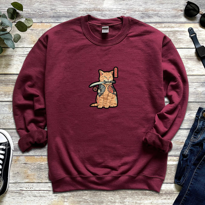 Traditional Japanese Samurai Cat Warrior Unisex Sweatshirt | Japanese Streetwear Supreme Dagger Kitten Cute Orange Cat Lovers Warrior Sword