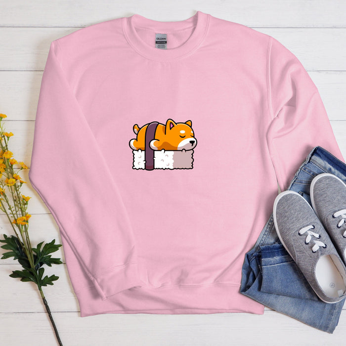 Shiba Inu Dog Sleeping on Bed of Sushi Unisex Sweatshirt | Japanese Streetwear Dog Lovers Corgi Dogecoin Puppy Napping Sashimi Funny Japan