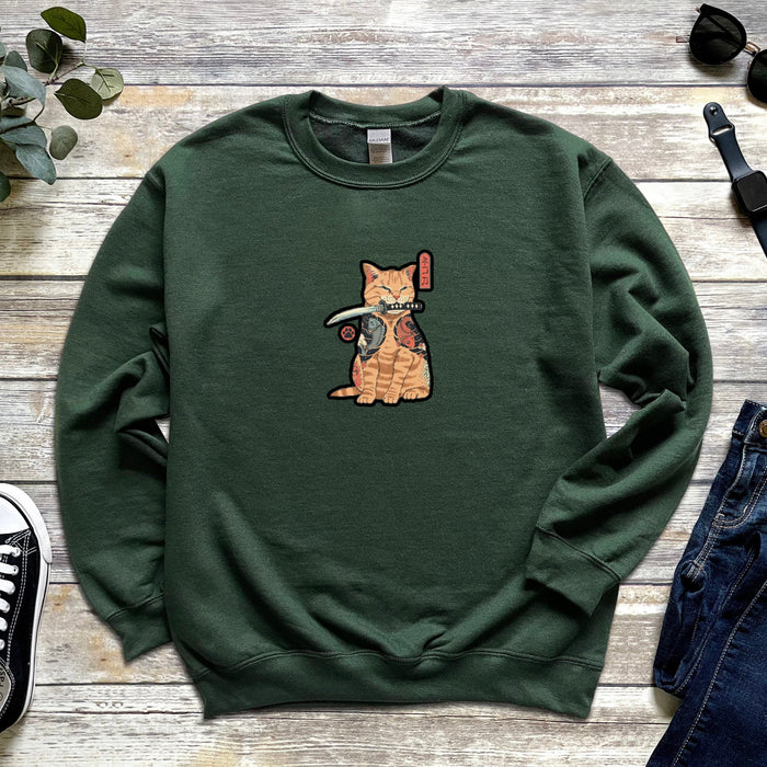 Traditional Japanese Samurai Cat Warrior Unisex Sweatshirt | Japanese Streetwear Supreme Dagger Kitten Cute Orange Cat Lovers Warrior Sword