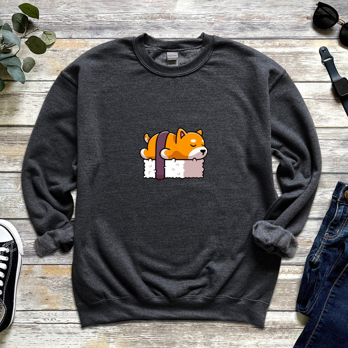 Shiba Inu Dog Sleeping on Bed of Sushi Unisex Sweatshirt | Japanese Streetwear Dog Lovers Corgi Dogecoin Puppy Napping Sashimi Funny Japan