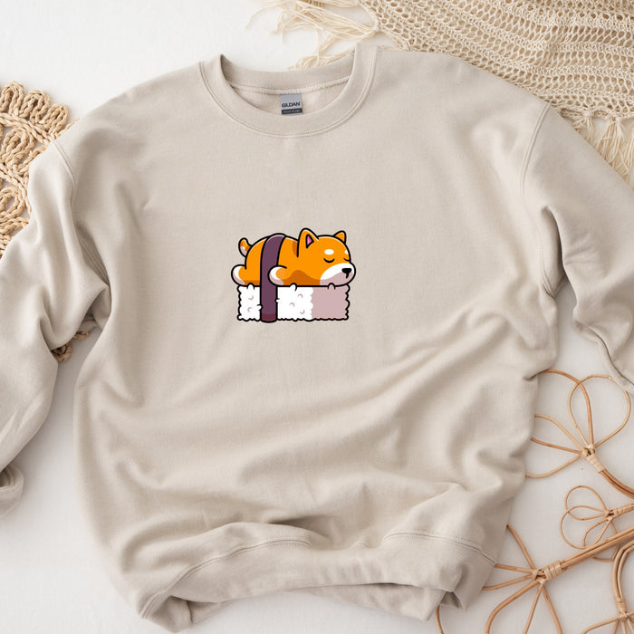 Shiba Inu Dog Sleeping on Bed of Sushi Unisex Sweatshirt | Japanese Streetwear Dog Lovers Corgi Dogecoin Puppy Napping Sashimi Funny Japan