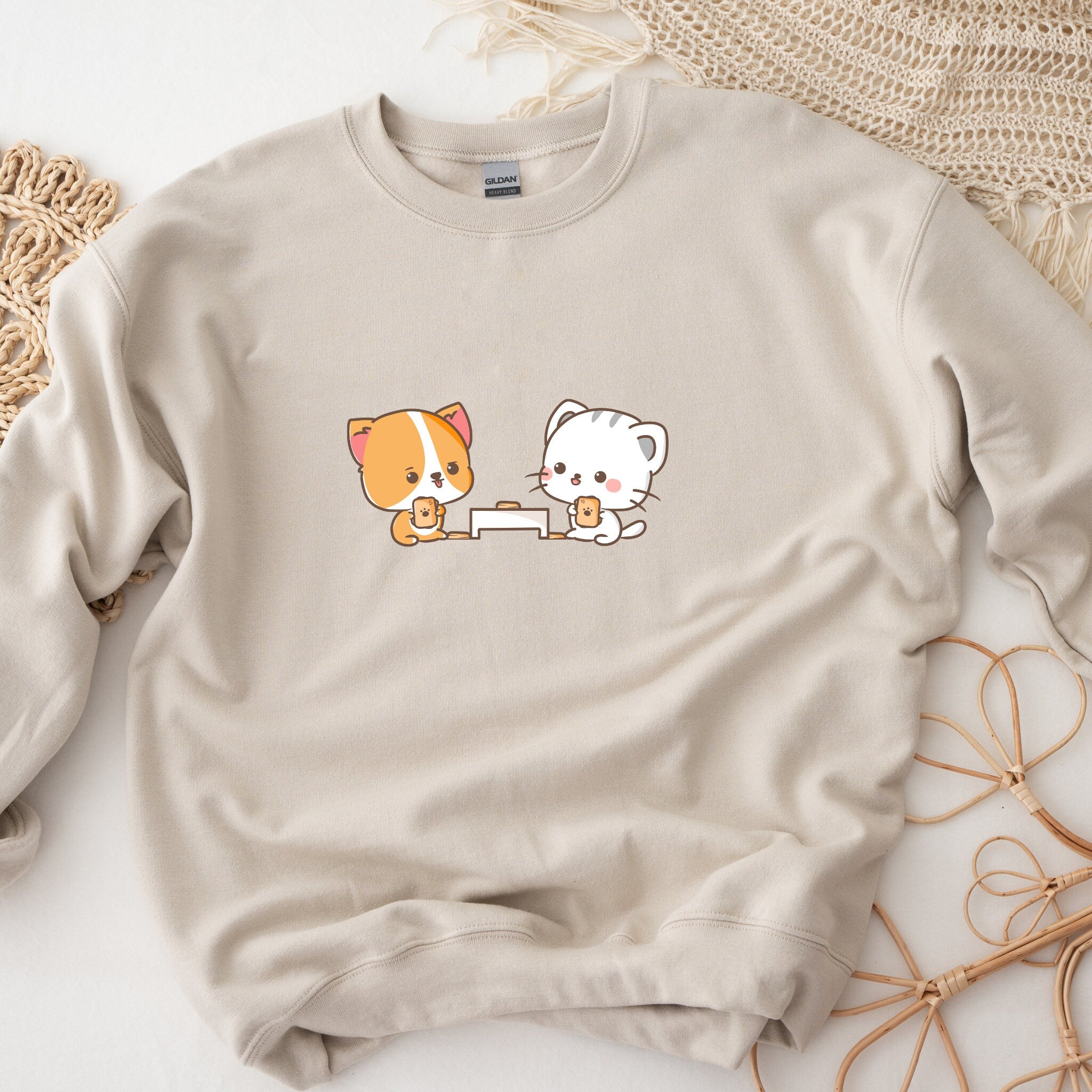 Kawaii Cat and Dog Card Game Sweatshirt