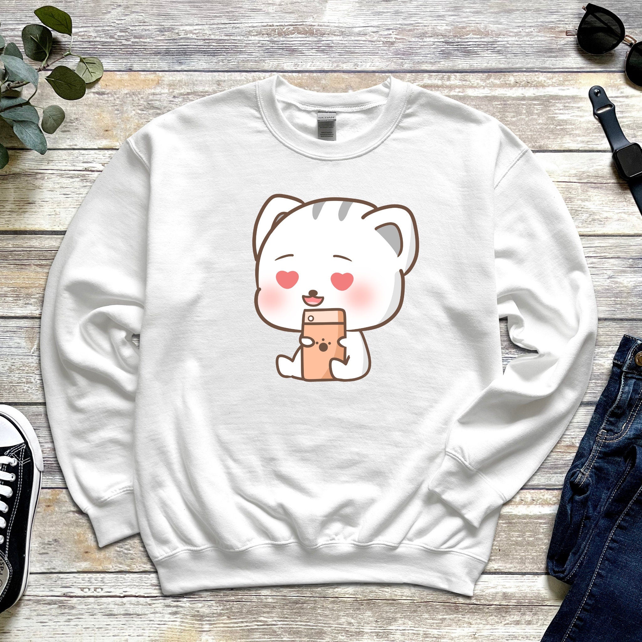 Kawaii Kitten Cat Texting Heart Eyes Love Unisex Sweatshirt