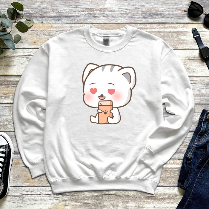 Kawaii Kitten Cat Texting Heart Eyes Love Unisex Sweatshirt