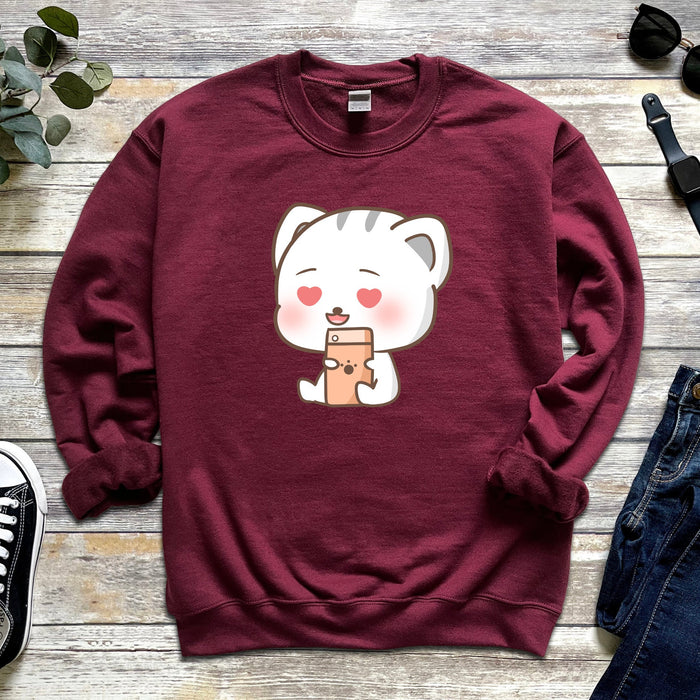 Kawaii Kitten Cat Texting Heart Eyes Love Unisex Sweatshirt