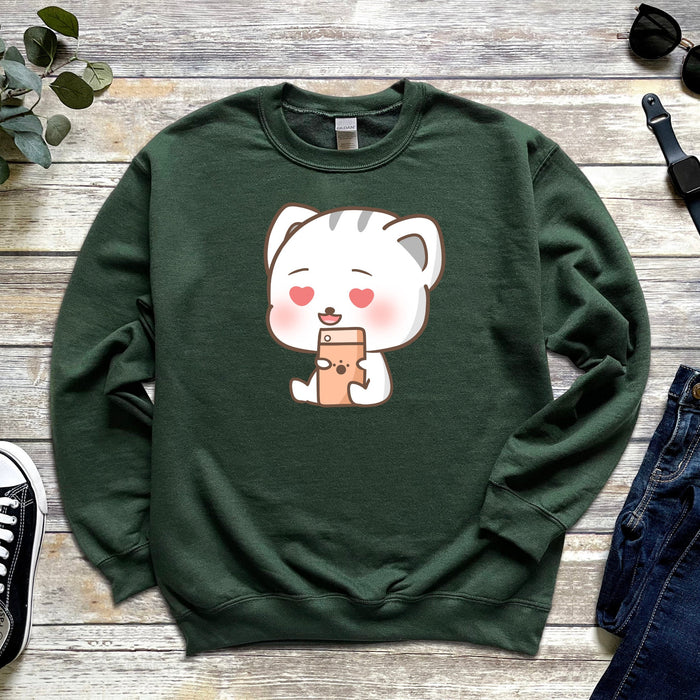 Kawaii Kitten Cat Texting Heart Eyes Love Unisex Sweatshirt