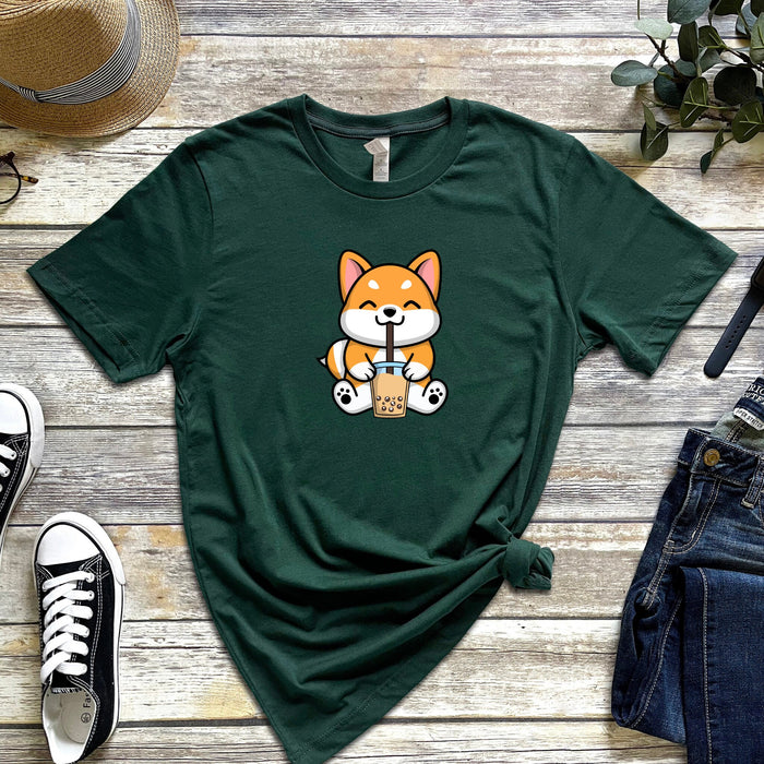 Puppy Drinking Boba Tea T-Shirt | Corgi Dog Puppy Cute Kawaii Popping Boba Taro Tapioca Asian Japanese Anime Starbucks Bubble Tea Coffee