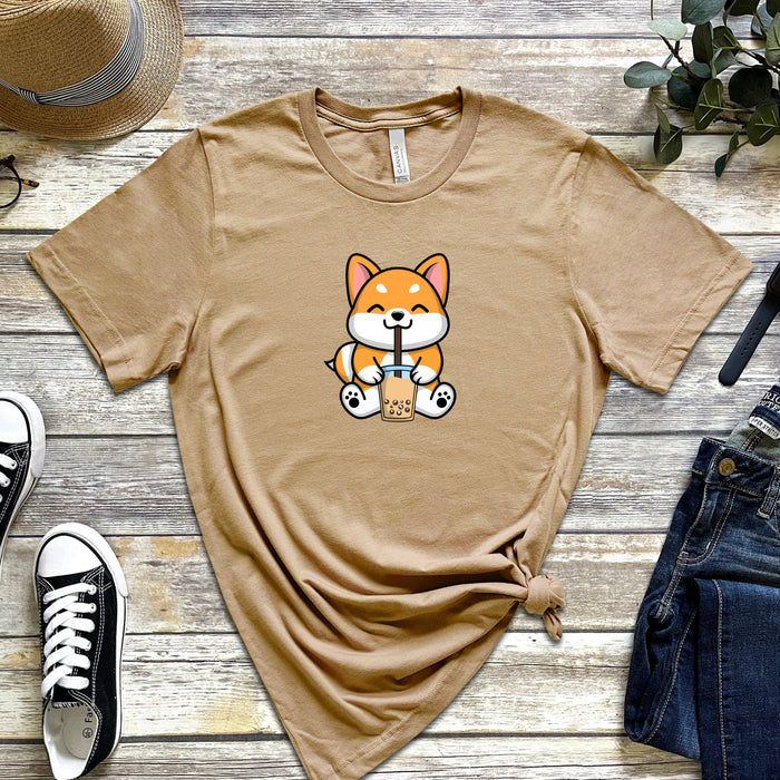 Puppy Drinking Boba Tea T-Shirt | Corgi Dog Puppy Cute Kawaii Popping Boba Taro Tapioca Asian Japanese Anime Starbucks Bubble Tea Coffee