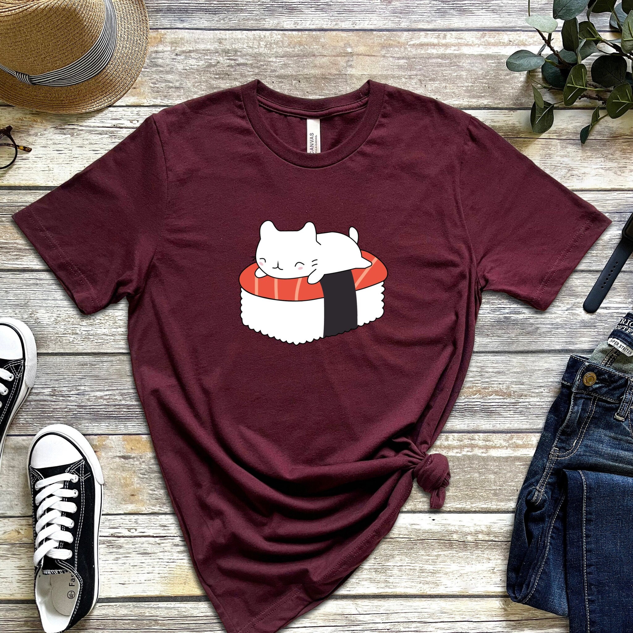 White Kitten on Sushi Bed T-Shirt