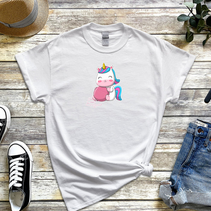 Rainbow Baby Unicorn with Yarn T-Shirt | Pony Colorful Horse Horn Japanese Streetwear Chibi Anime Cartoon Pegasus Baby Fairy Adorable