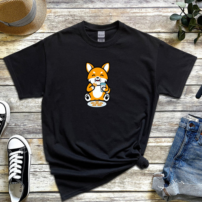 Dog Eating Cookies with Milk T-Shirt | Funny Cute Puppy Harajuku Japanese Streetwear Chibi Anime Cartoon Shiba Inu Corgi Puppy Retriever