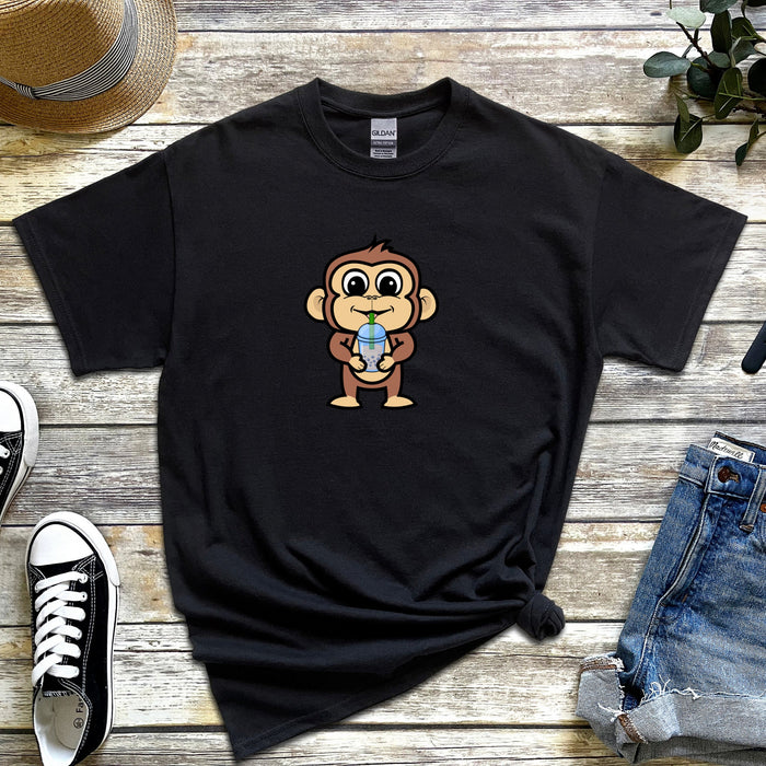 Monkey Drinking Boba Tea T-Shirt | Funny Japanese Streetwear Anime Animal Clothing Apparel Harajuku Bubble Tea Starbucks Coffee Frappe