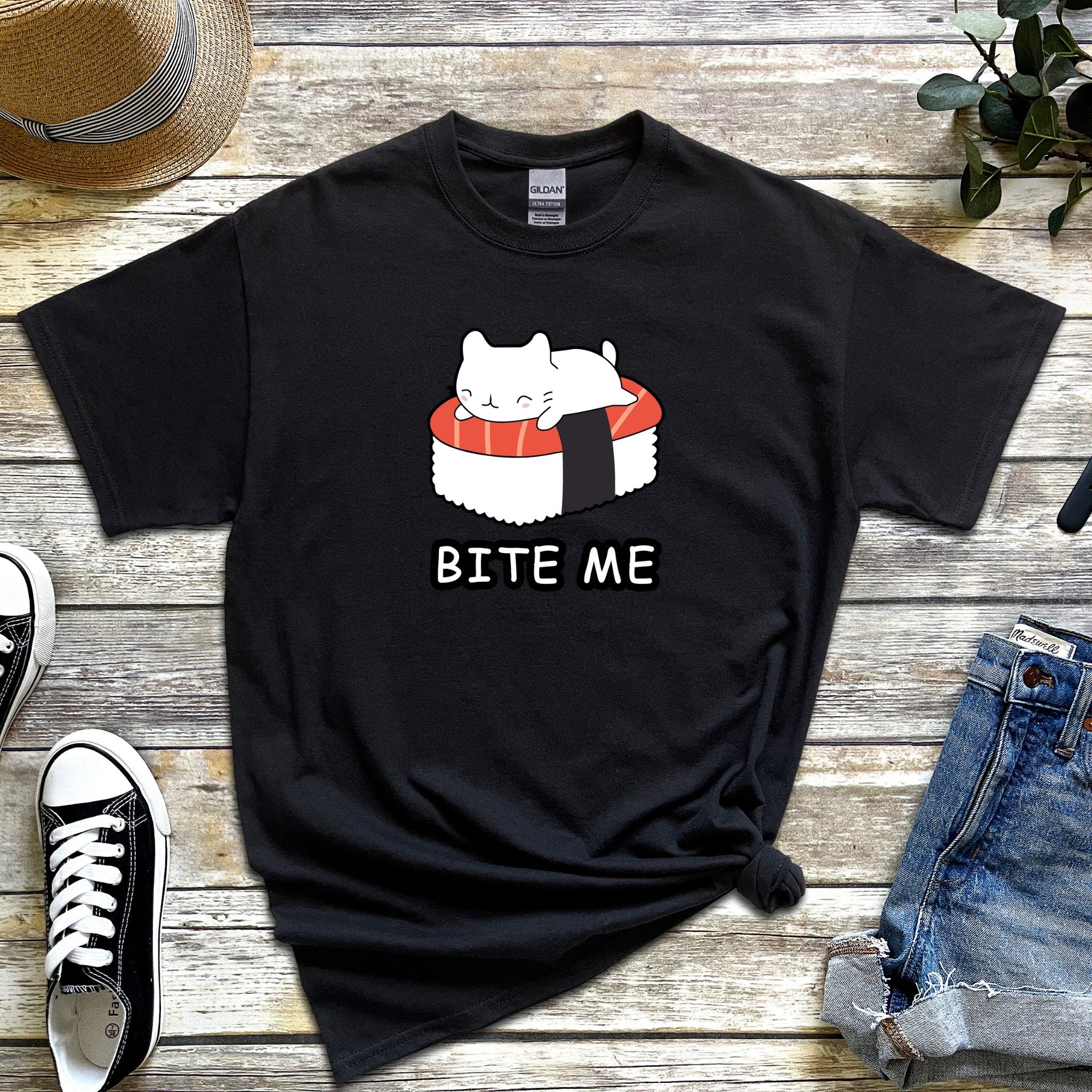 Bite Me White Kitten on Sushi Bed T-Shirt