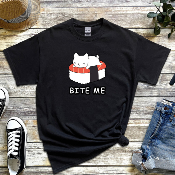 Bite Me White Kitten on Sushi Bed T-Shirt