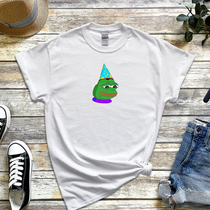 Birthday Hat Pepe the Frog T-Shirt | Feels Bad Man Party Hat Frog Meme Kermit Sad 4Chan Toad for Teens and Adults VR Viral Shirt for Guys