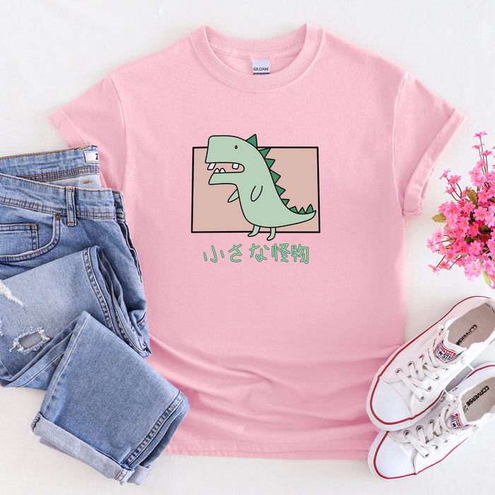 Crooked Toothed T-Rex T-Shirt | Japanese Text reading, "Little Monster" Japanese Streetwear Anime Reptar Dinosaur Dino