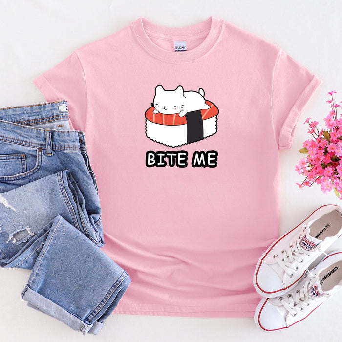 Bite Me White Kitten on Sushi Bed T-Shirt
