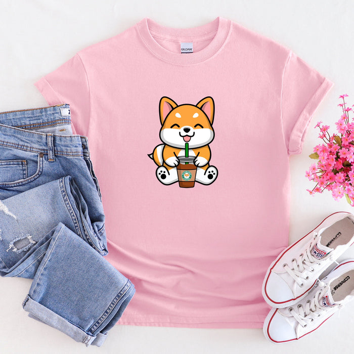 Puppy with Coffee T-Shirt | Starbucks Cappuccino Frappe Boba Tea Bubble Tea Pup Cup Japanese Chili Streetwear Anime Cartoon