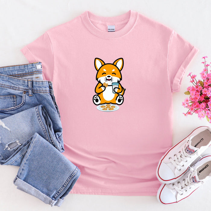 Dog Eating Cookies with Milk T-Shirt | Funny Cute Puppy Harajuku Japanese Streetwear Chibi Anime Cartoon Shiba Inu Corgi Puppy Retriever