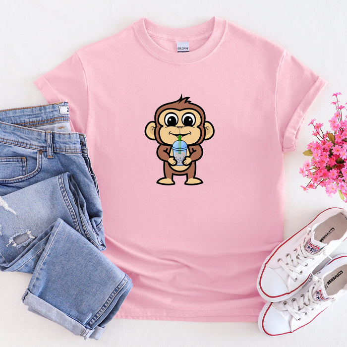 Monkey Drinking Boba Tea T-Shirt | Funny Japanese Streetwear Anime Animal Clothing Apparel Harajuku Bubble Tea Starbucks Coffee Frappe