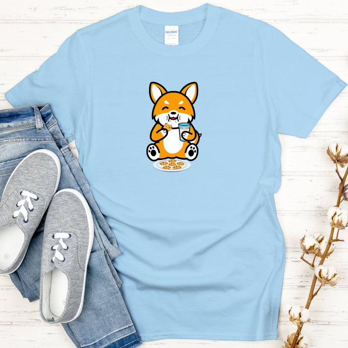 Dog Eating Cookies with Milk T-Shirt | Funny Cute Puppy Harajuku Japanese Streetwear Chibi Anime Cartoon Shiba Inu Corgi Puppy Retriever