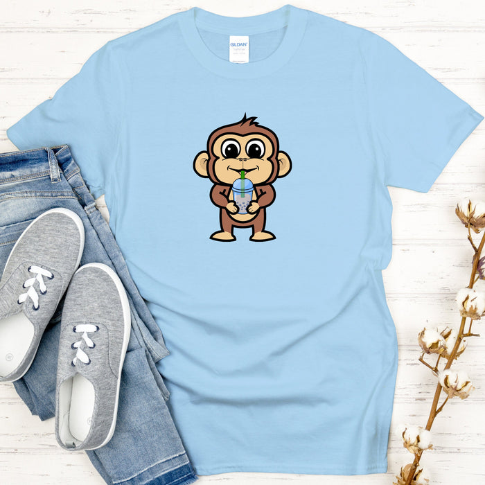 Monkey Drinking Boba Tea T-Shirt | Funny Japanese Streetwear Anime Animal Clothing Apparel Harajuku Bubble Tea Starbucks Coffee Frappe