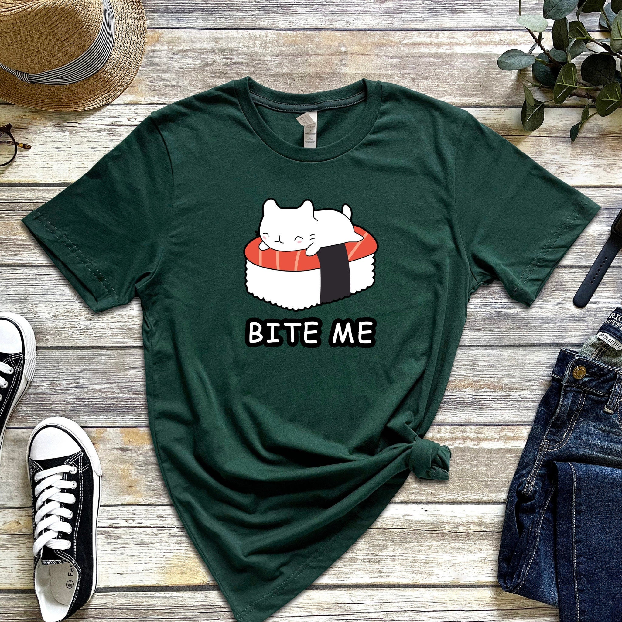 Bite Me White Kitten on Sushi Bed T-Shirt