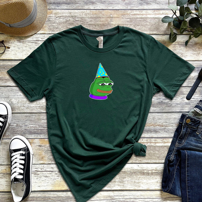 Birthday Hat Pepe the Frog T-Shirt | Feels Bad Man Party Hat Frog Meme Kermit Sad 4Chan Toad for Teens and Adults VR Viral Shirt for Guys